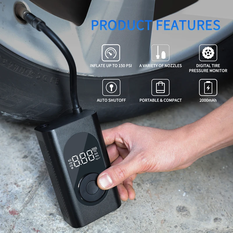 Portable Air Pump Tire Compressor Mini Electric Inflator with Digital LCD Pressure Rechargeable Battery 2000mAh For Power Bank