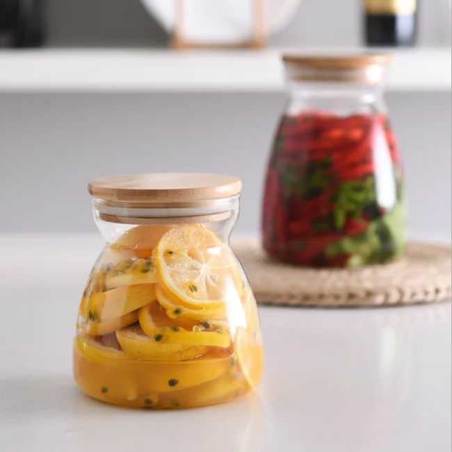 High borosilicate clear glass jar with wooden lid for honey