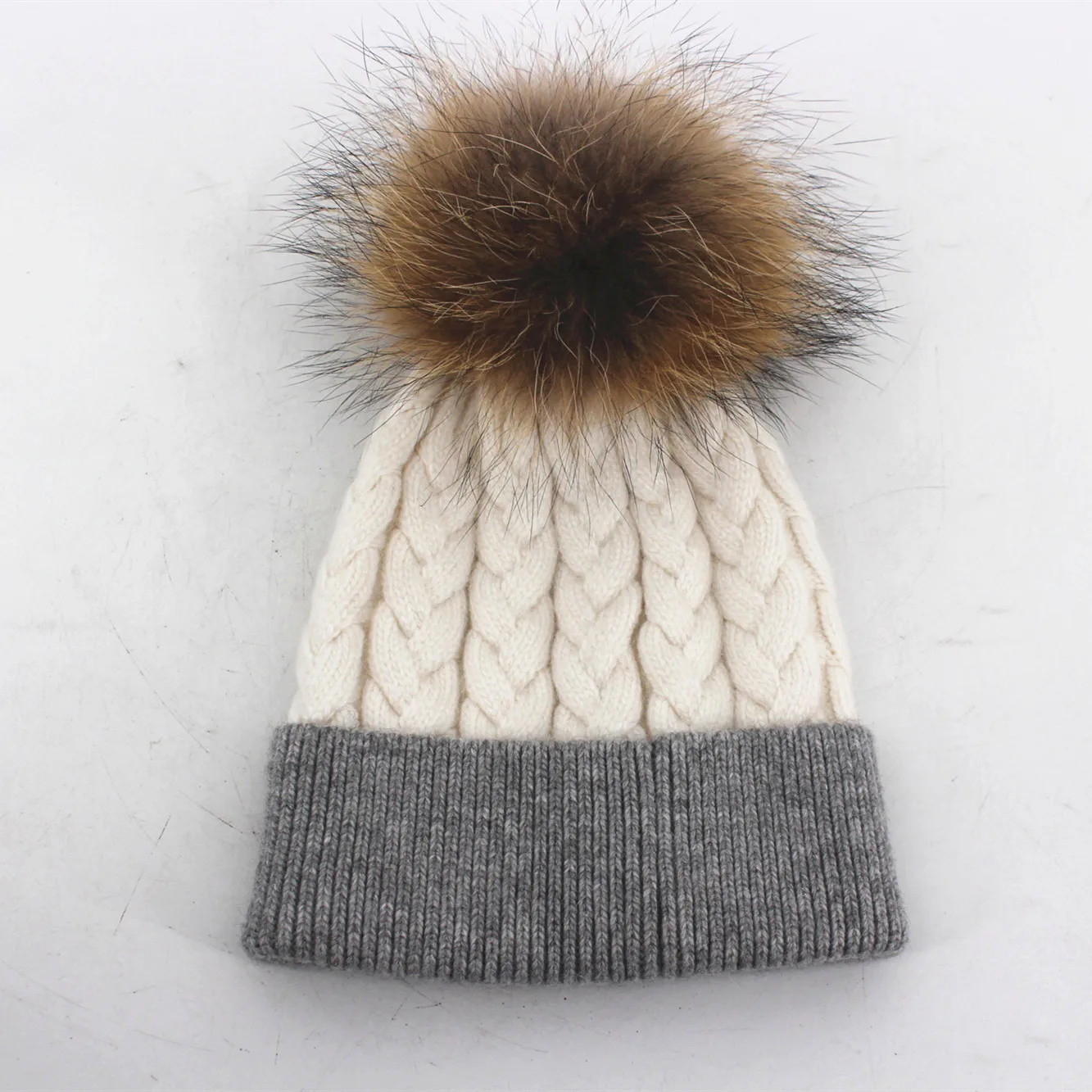 2024 latest women angora wool hat custom winter beanie hat with raccoon fur ball