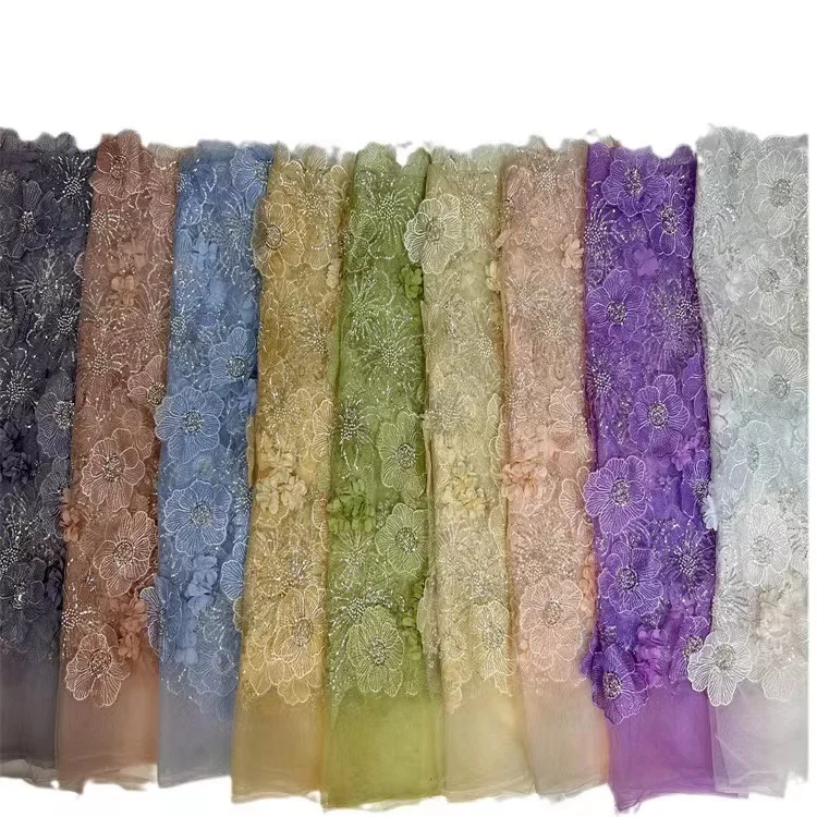 New fancy 3d flower wedding tulle high quality net beaded sequin lace fabric for women