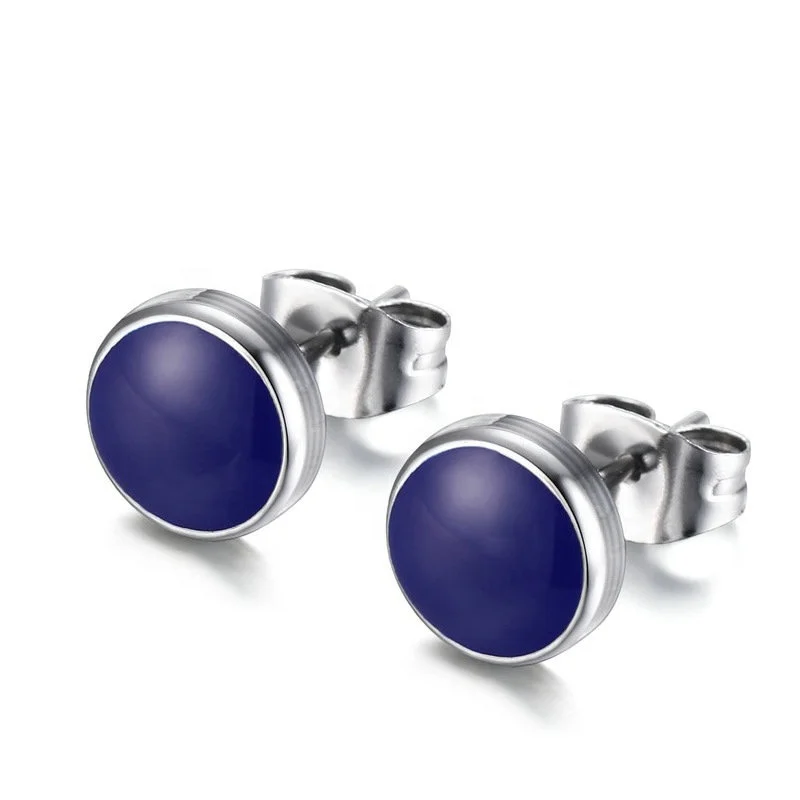 Surgical Jewelry Stainless Steel 9mm Round Cheap Black And Blue Stainless Steel And Enamel Earrings