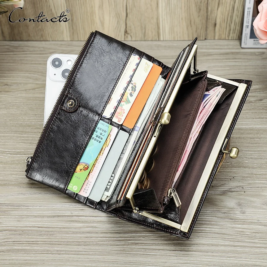 Genuine Leather Woman Credit Card Holder Metal Frame Closure Coin Purse Long bifold Wallet Women