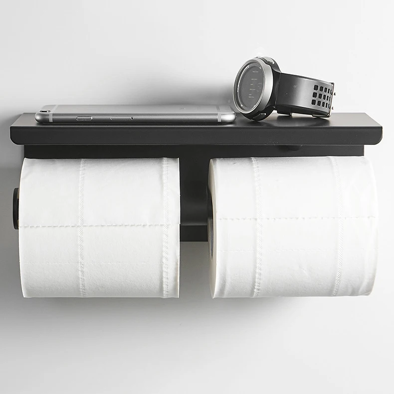 Bathroom stainless steel double black tissue roll toilet paper holder with shelf