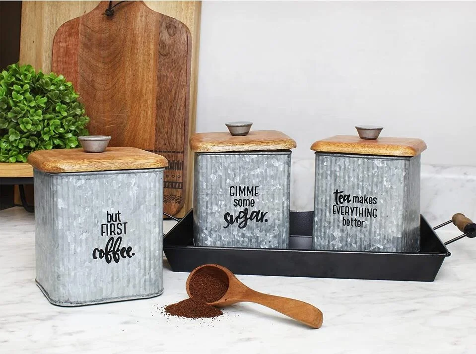 Farmhouse Galvanized Canisters Set of 3 Storage Containers for Coffee and Tea and Sugar in Galvanized Iron and Wood Design