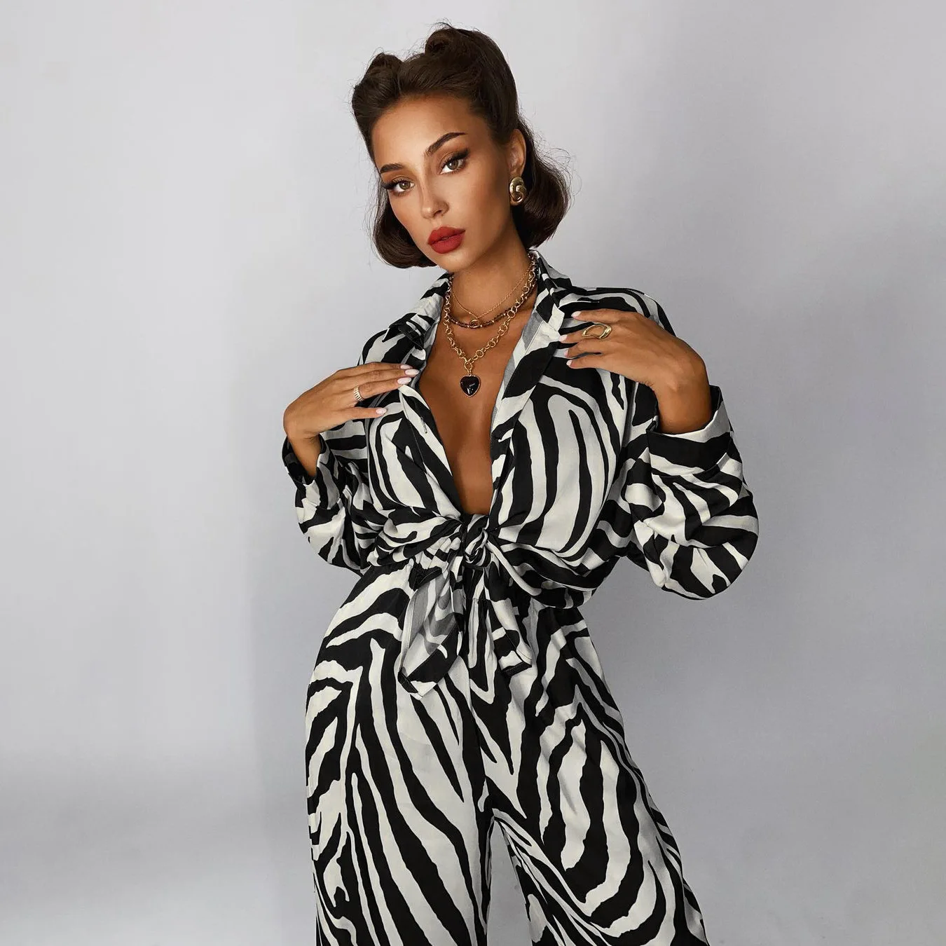 New Product 2022 Spring V Neck Long Sleeve Blouse 2 Piece Sets Zebra Print High Waist Wide Leg Pants Set Women