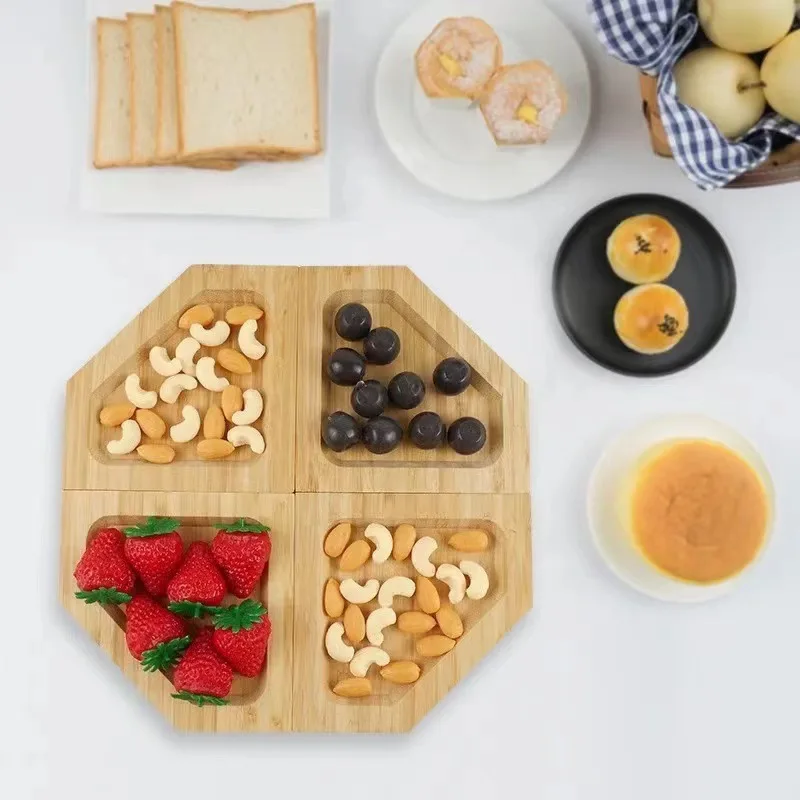 Bamboo Detachable Double Dish Tray Fruit Food Storage and Snack Bowl Server for Birthday Wood Wood Nuts Pistachio Tray