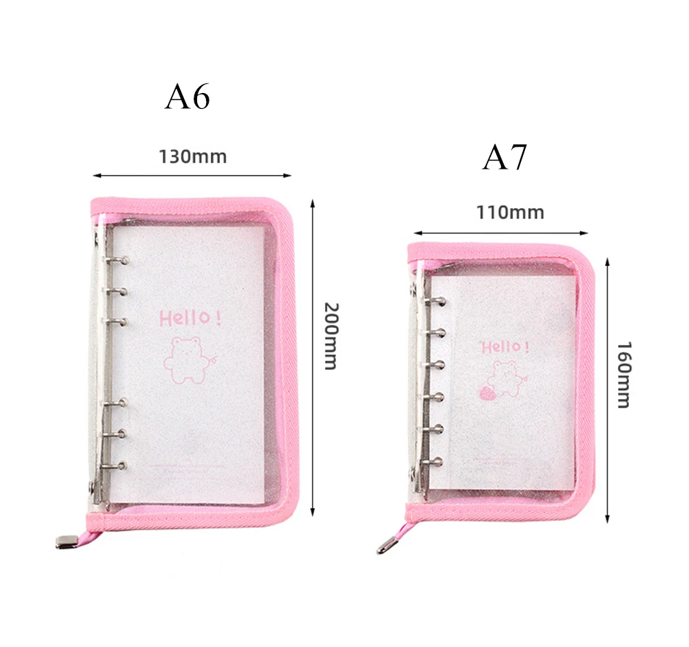 A6 A7 Refillable Journal Zip Binder Glitter PVC Cover Planner Shell Black Pink Edge Banding 6 Rings Loose Leaf Case with Zipper