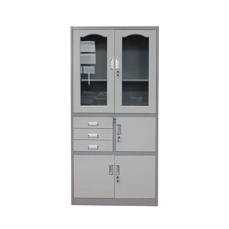 Model designed white glass cabinet door lock/office steel cupboard with 3 drawers and 2 glass doors/cupboard