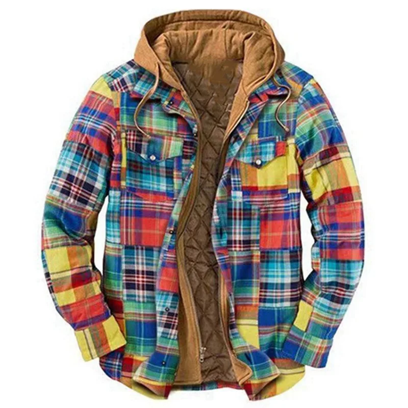 Thickened Cotton Printed Hooded Long Sleeve Button Warm Padded Flannel Winter Jacket Coat Mens