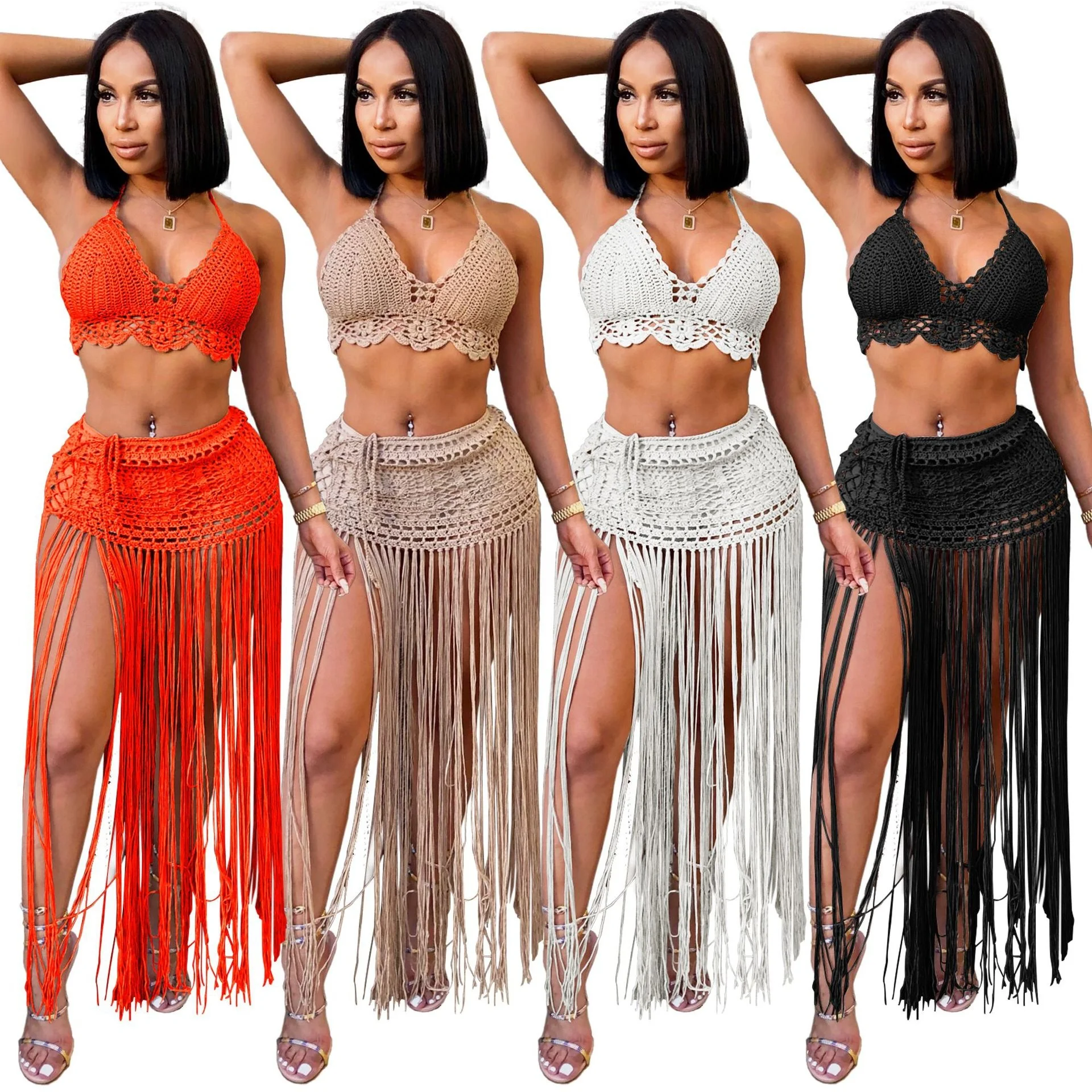 New arrived  hand crochet  Beach dress sexy women Bra top+long tassel skirts Bikini swimwear bathing suit cover-ups