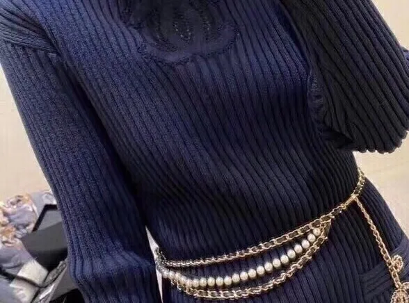 Black and gold alphabet waist chain imitation leather stringing rope pearl copper chain belt ladies dress accessory belt