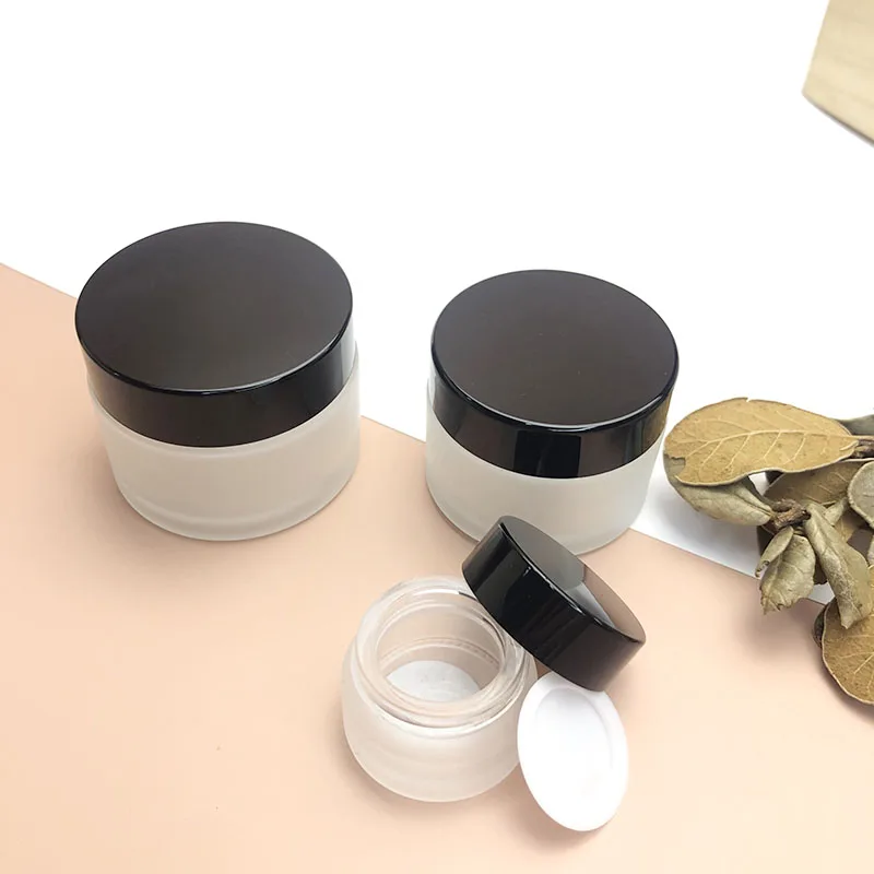Empty glass cosmetic packaging sets clear frosted cream jar with lid glass jar for face cream