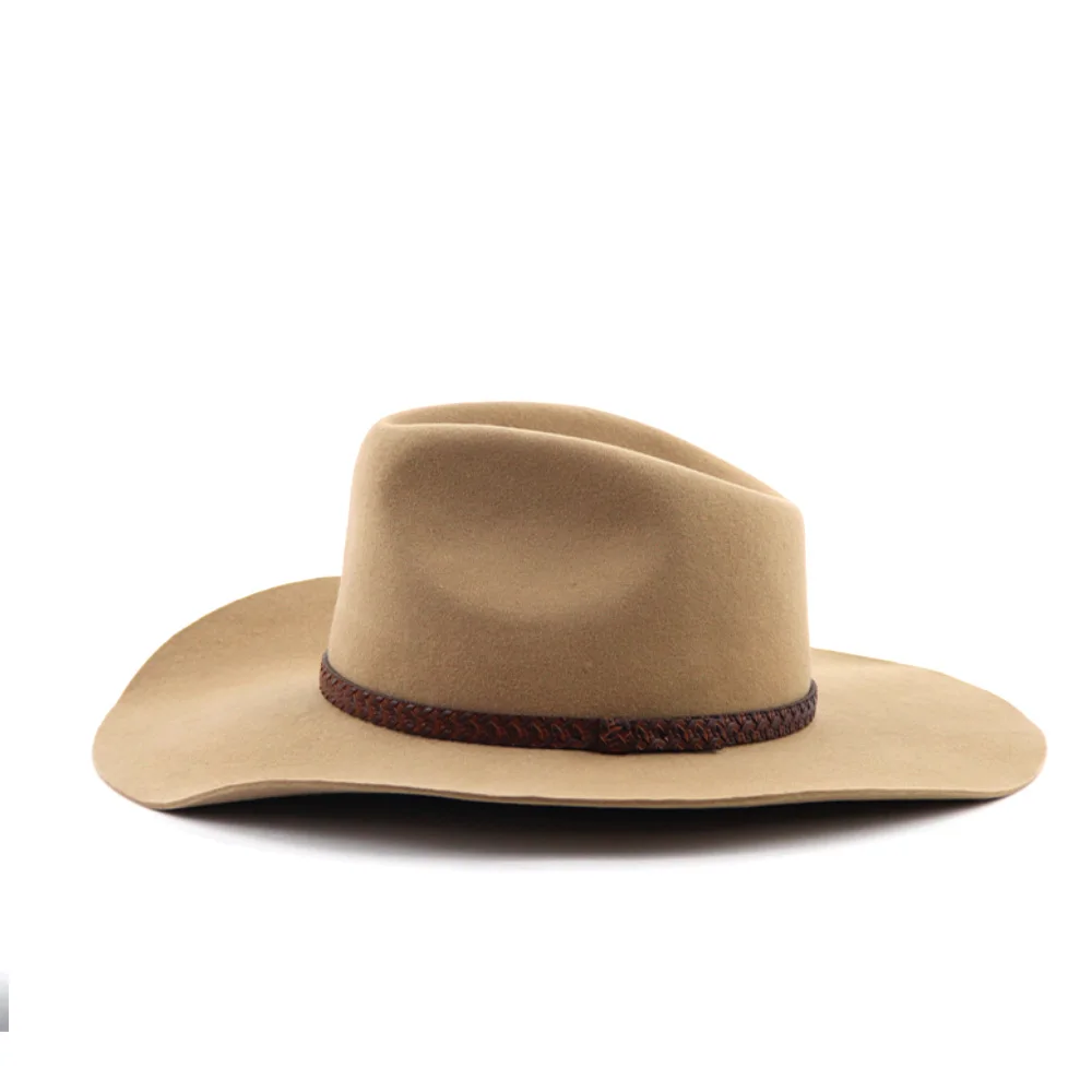 LiHua Wholesale Unisex 100% Wool Felt Large Brim Cowboy Hat Men Customized Leather Cowboy Hats