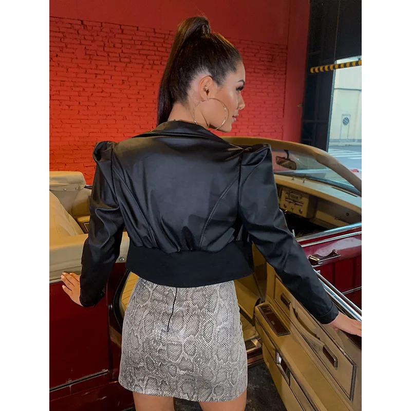 XS size Fashion Bubble Sleeve Short Matte Leather Jacket High Waist Motorcycle Pu Leather Jacket for women