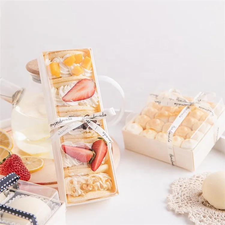 Beheart Egg Yolk Puff Soy Milk Wooden Dessert Packaging Clear Transparent Plastic Rectangle Cake Roll Box