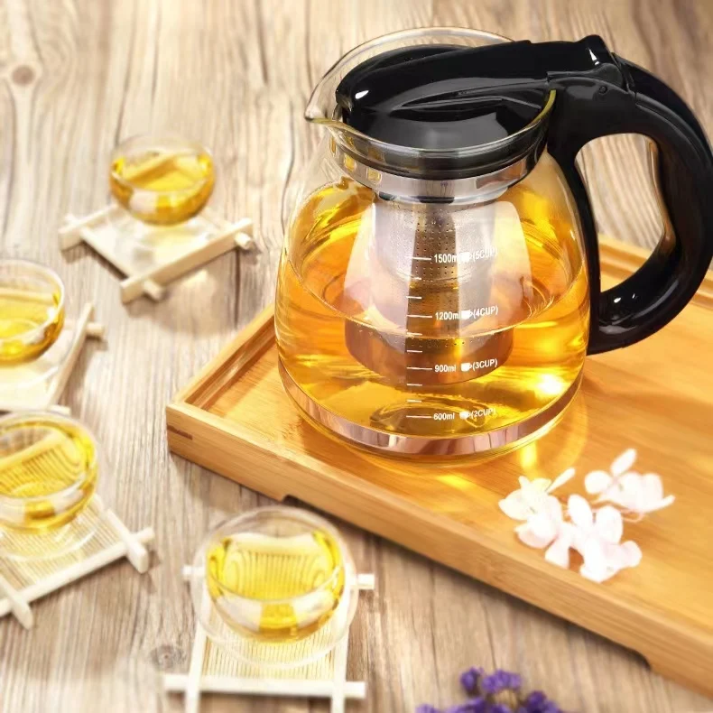 Hot Selling Heat Resistant Borosilicate Flat Cover Flower Glass 1500/2000 ml  Coffee Tea Heating Cold Kettle Teapot with Filter
