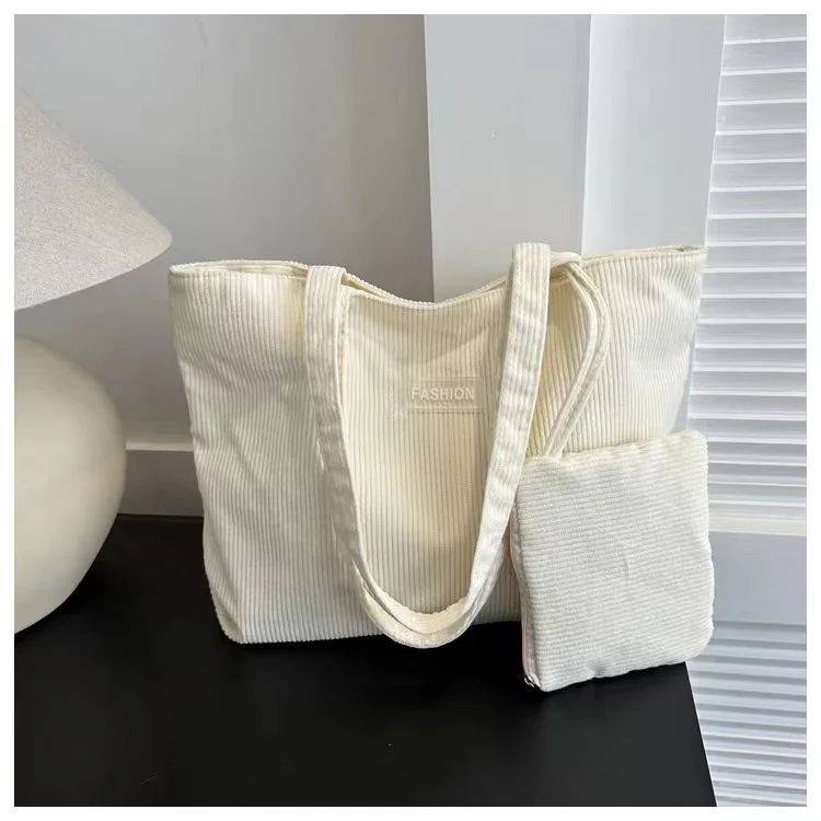 Buy a corduroy tote bag and send a makeup bag as a gift Corduroy Tote Bag for Women Canvas Shoulder Cord Purse with Inner Pocket