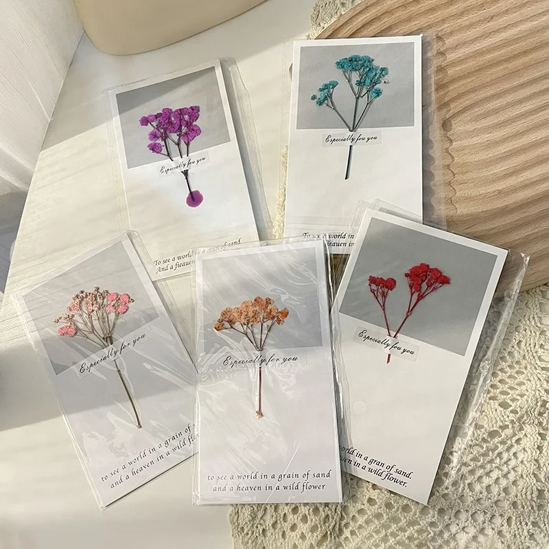 Twofolded Natural Babysbreath Dry Flower Valentine Birthday Wedding Greeting Card with Envelope