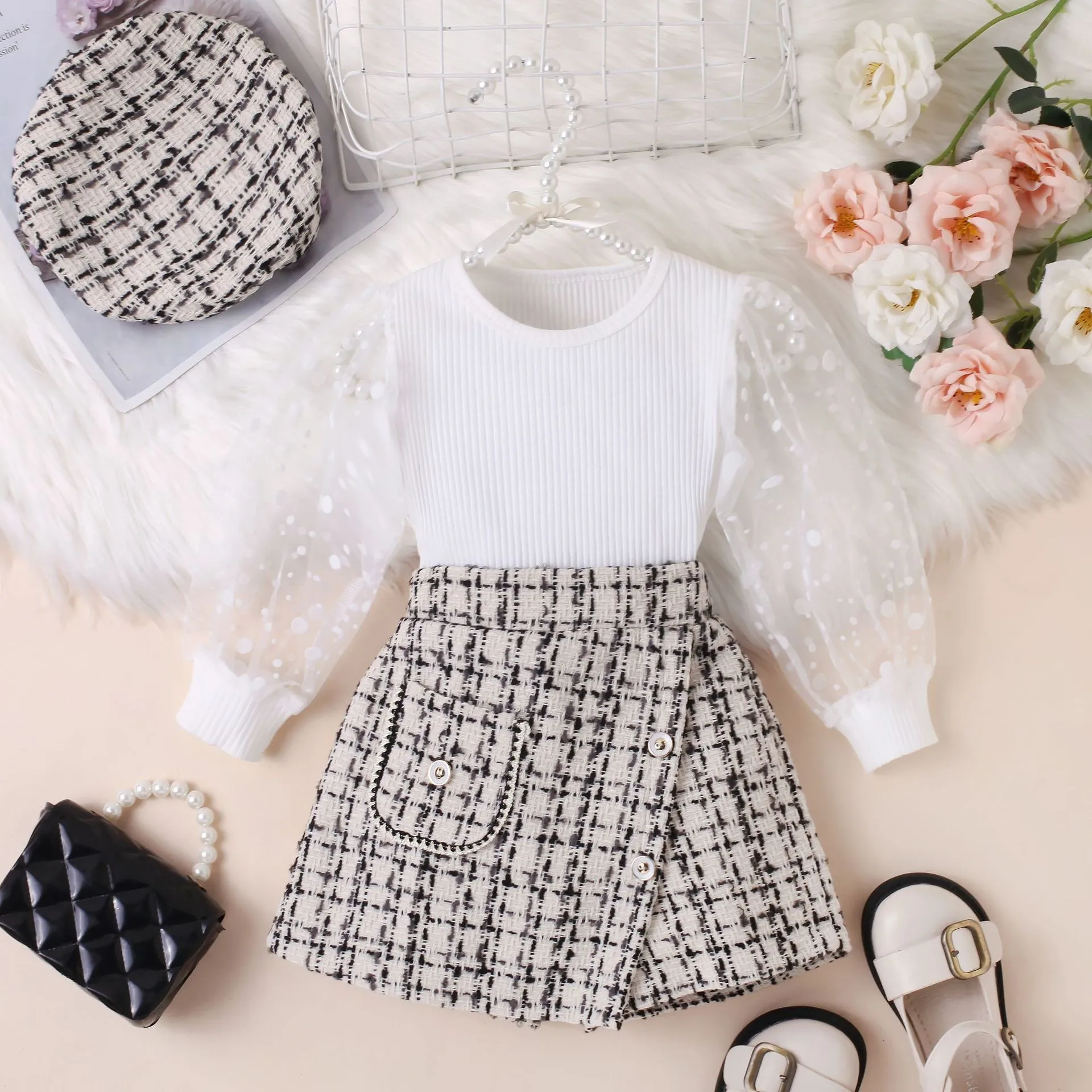 Fashion Style 3pcs Kids Girl Clothes Sets Autumn Season Hat+Shirt+Skirt Girl Set Clothes