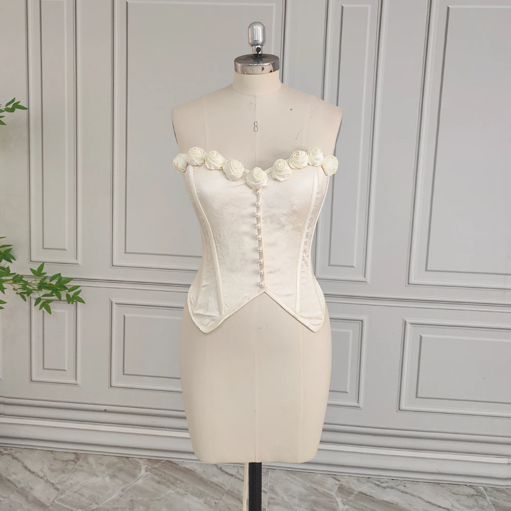 Real Photos Vintage White Rose Sleeveless Corset Tops with Pearls Lace-up Princess Prom Bustier for Women Parties Prom Outfit