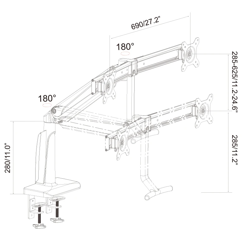 Dual Monitor Arm  Mount with Crossbar 2 Piece Clamp Mount Base | Angled Link/Dynamic Link | Standard Black Vesa Bracket
