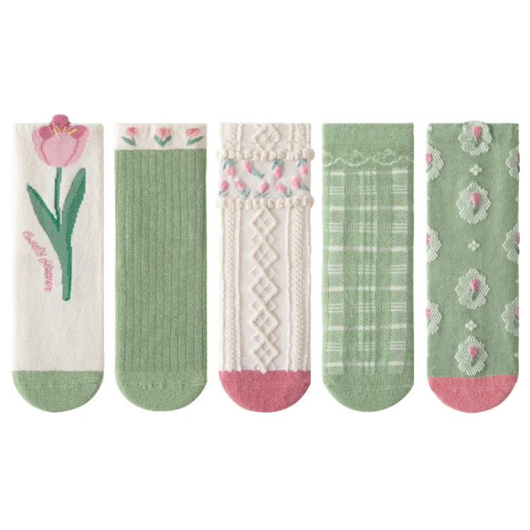 HY-1938 5pairs/ Pack Cartoon Flower Strawberry Sock Kids Custom School Children Combed Cotton Knitted Socks for 1-12 years