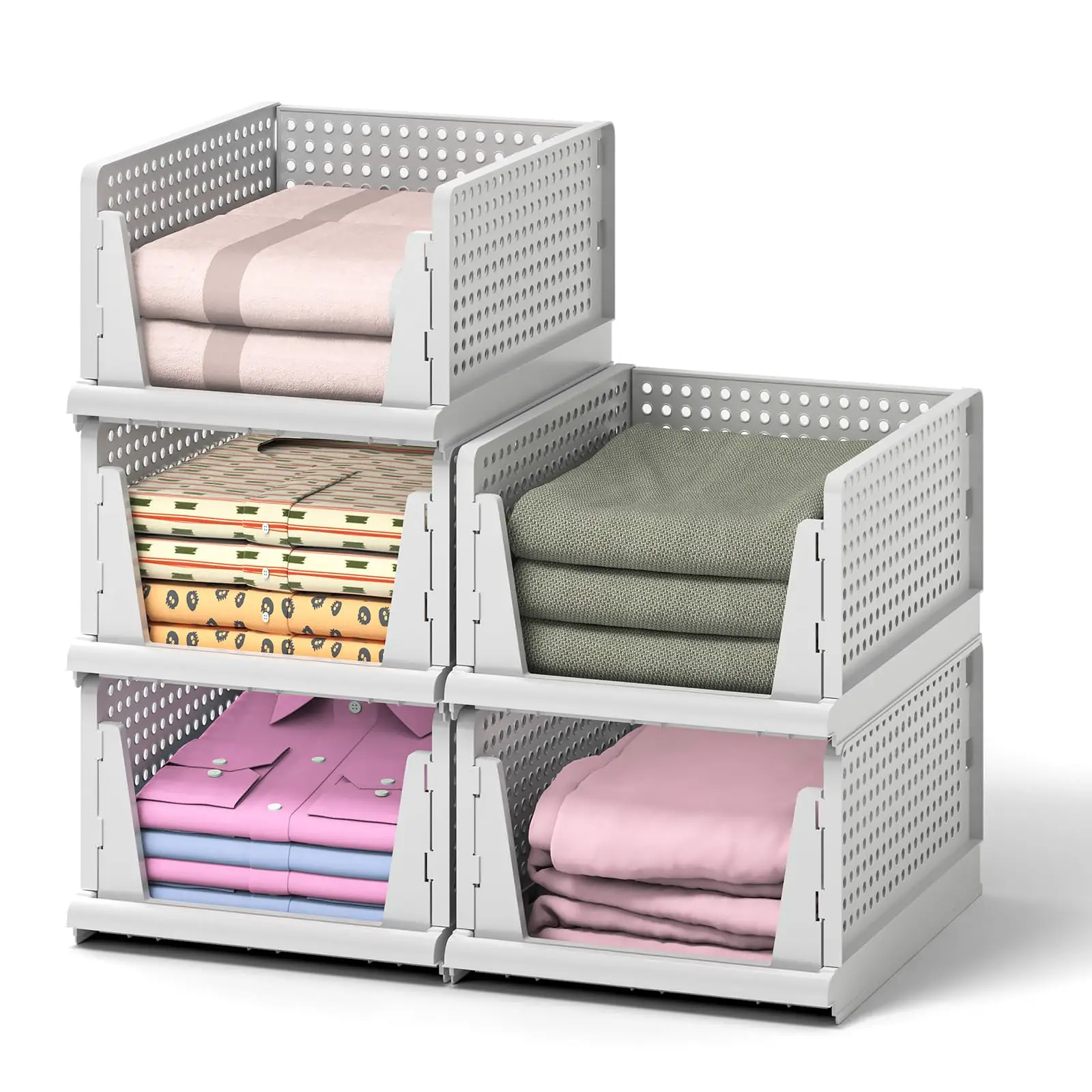 New White Plastic Folding Storage Baskets Stackable Desktop Organizer for Home Cloth