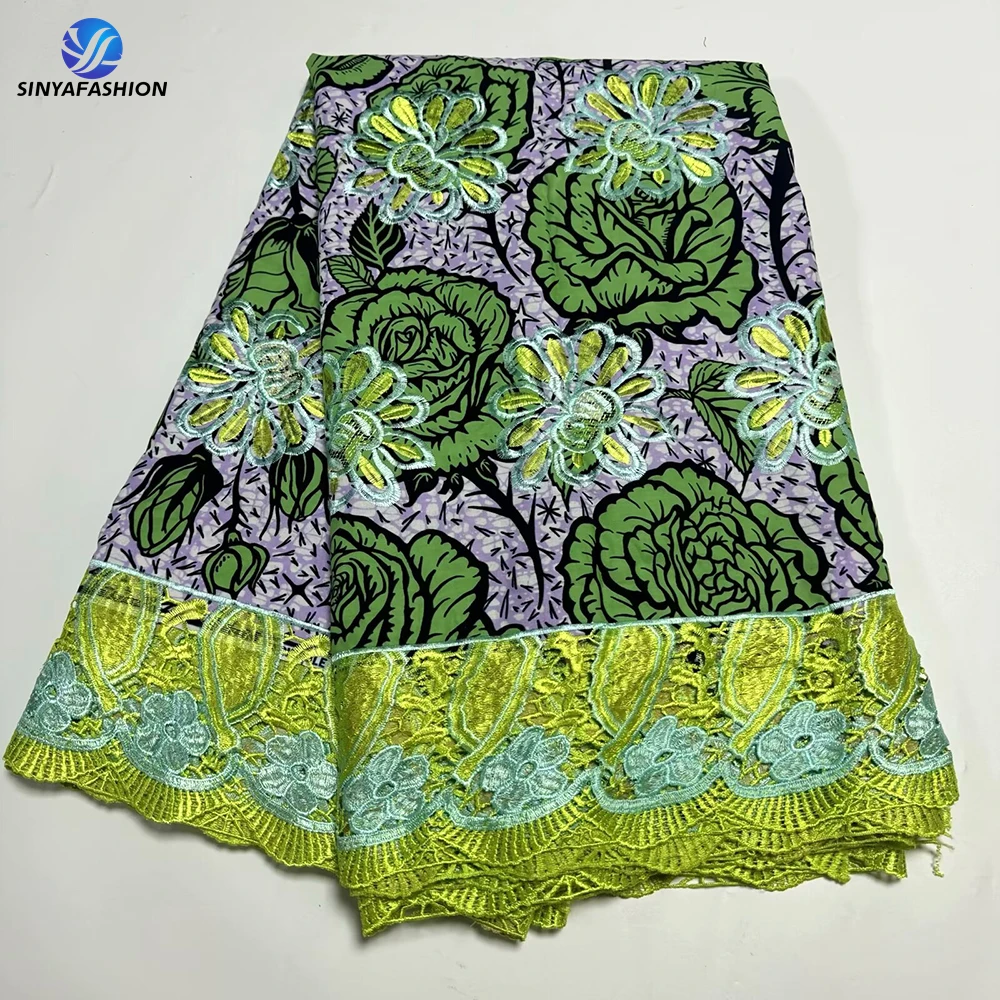 Sinya Real Dutch Holland Wax Prints Fabric African Ankara Loincloth Pagne With Embroidered African Guipure Cord Lace