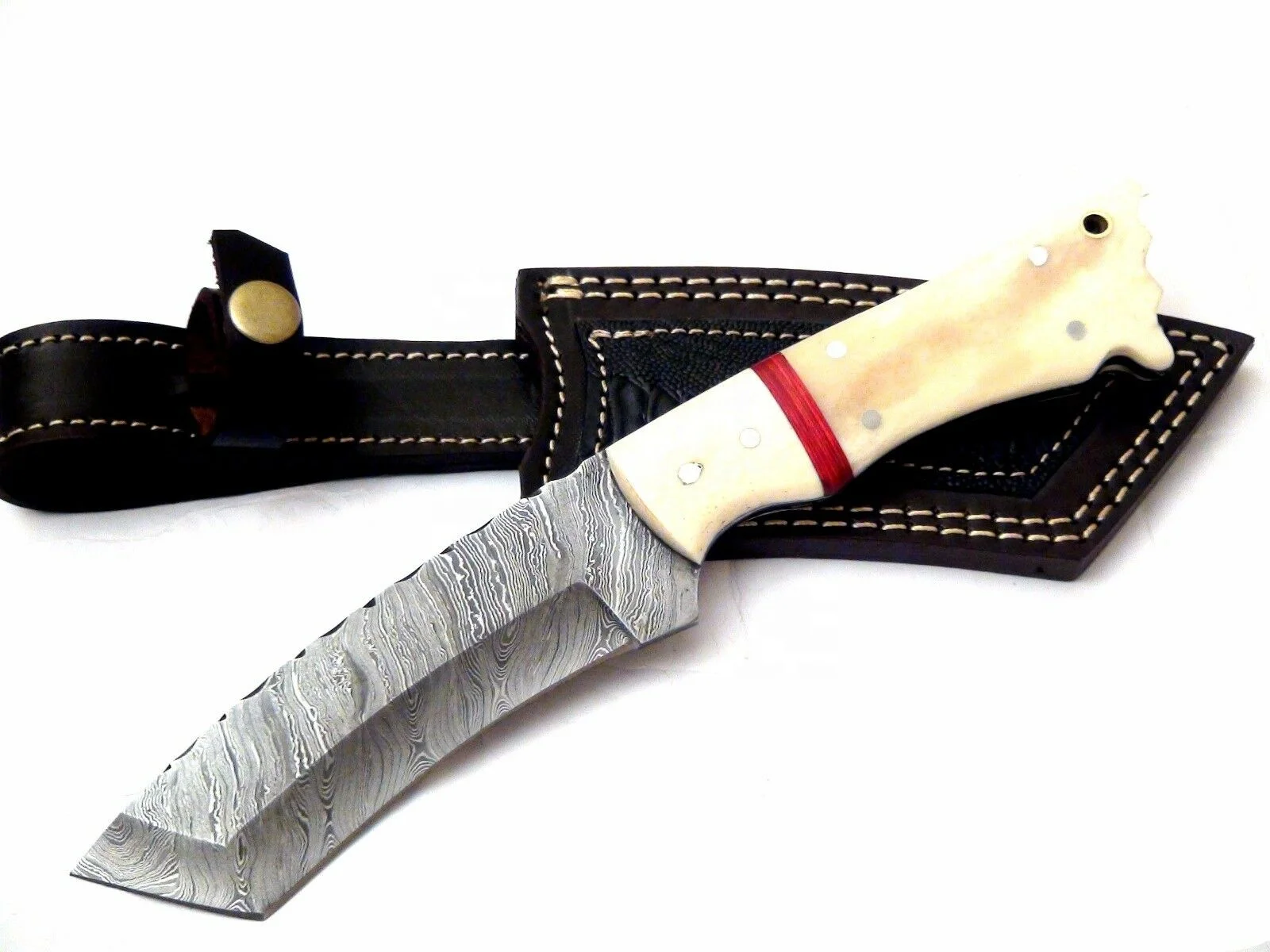 Beautiful Sizzco Handmade Damascus Steel Fixed Blade Hunting Camping Skinner Tanto Knife Handle Camel Bone with Brass Clip