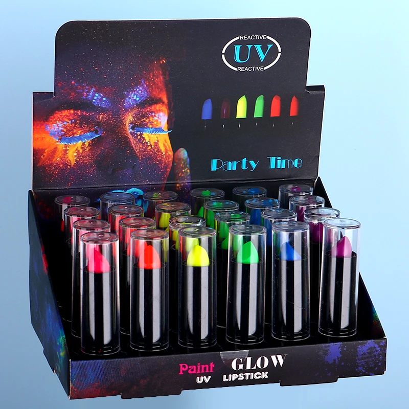 Custom mini neon uv glow in dark black cheap vegan lipstick