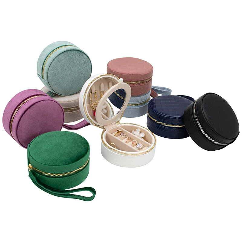 Custom Logo Round Velvet White Pink Travel Jewellery Organizer Mirror Storage Jewelry Box Case