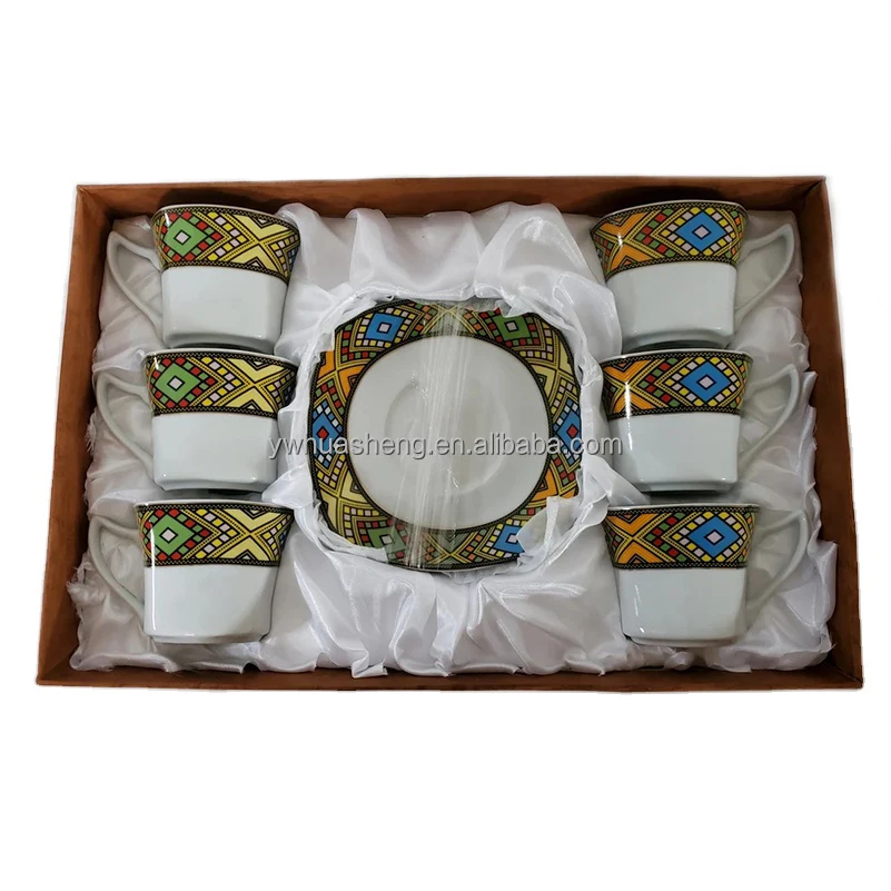 HS Supplier Square Shape Coffee Set with Ethiopian Telet Saba Design Eritrean Fine Porcelain Tea Cups Set of 6