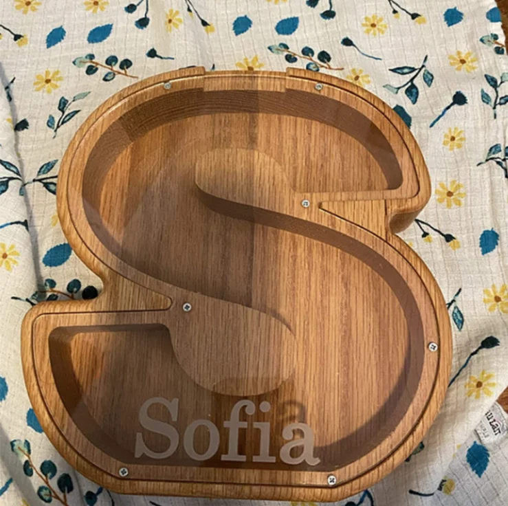 Custom Personalised Wooden Acrylic Funny Alphabet Letter Shaped Piggy Bank Money Saving Storage Box for Kids