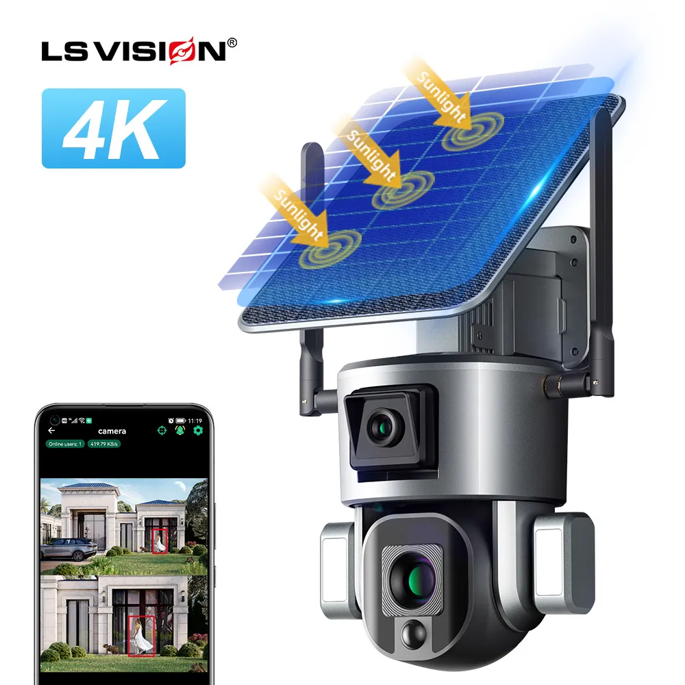 LS VISION HD 8MP Dual Lens PTZ 10X Optical Zoom 4G Outdoor Wireless Security Solar Surveillance Camera Surveillance
