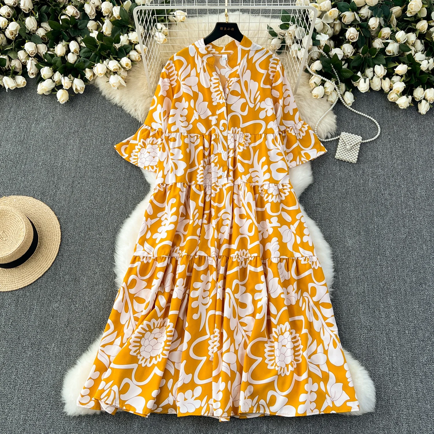 New European And American Style Round Neck Short Sleeve Printed Belt Elegant Dress