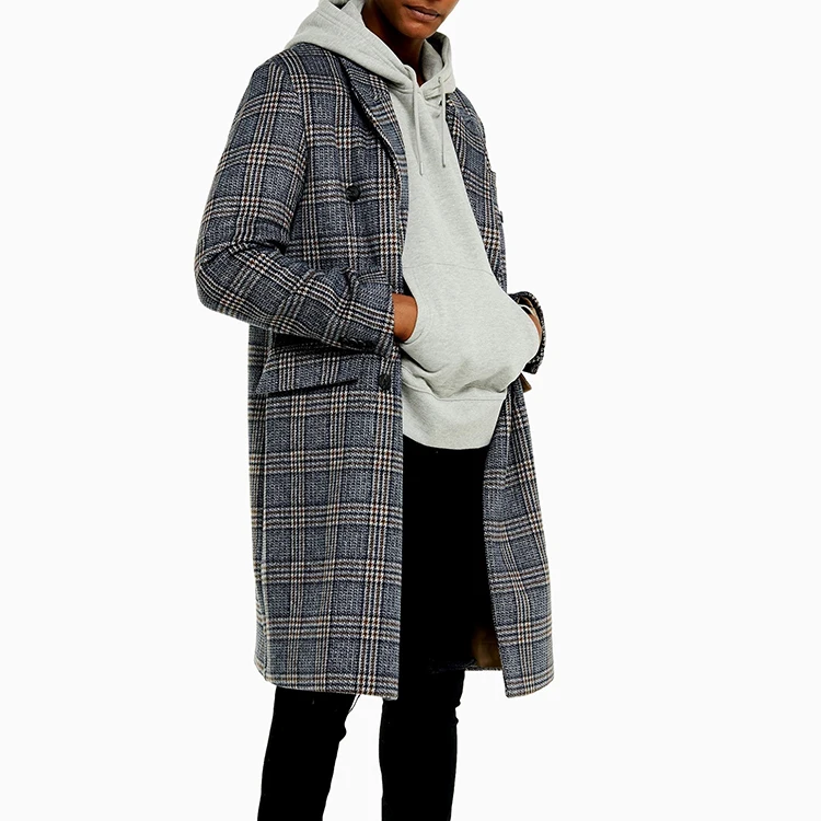 2020 Winter new lapels double-row buttons switch to flip pocket long checkered coat men.