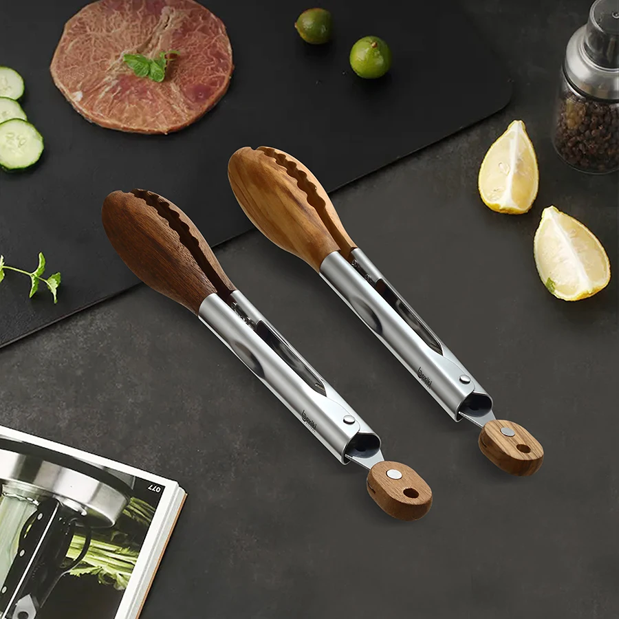 Natural wood Walnut stainless steel service food tongs for kitchen and BBQ