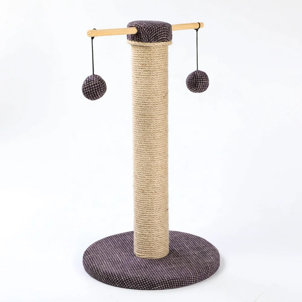 Premium Durable Stable Base Wooden Sisal Rope Cat Scratching Post with 2 Woollen Hanging Balls