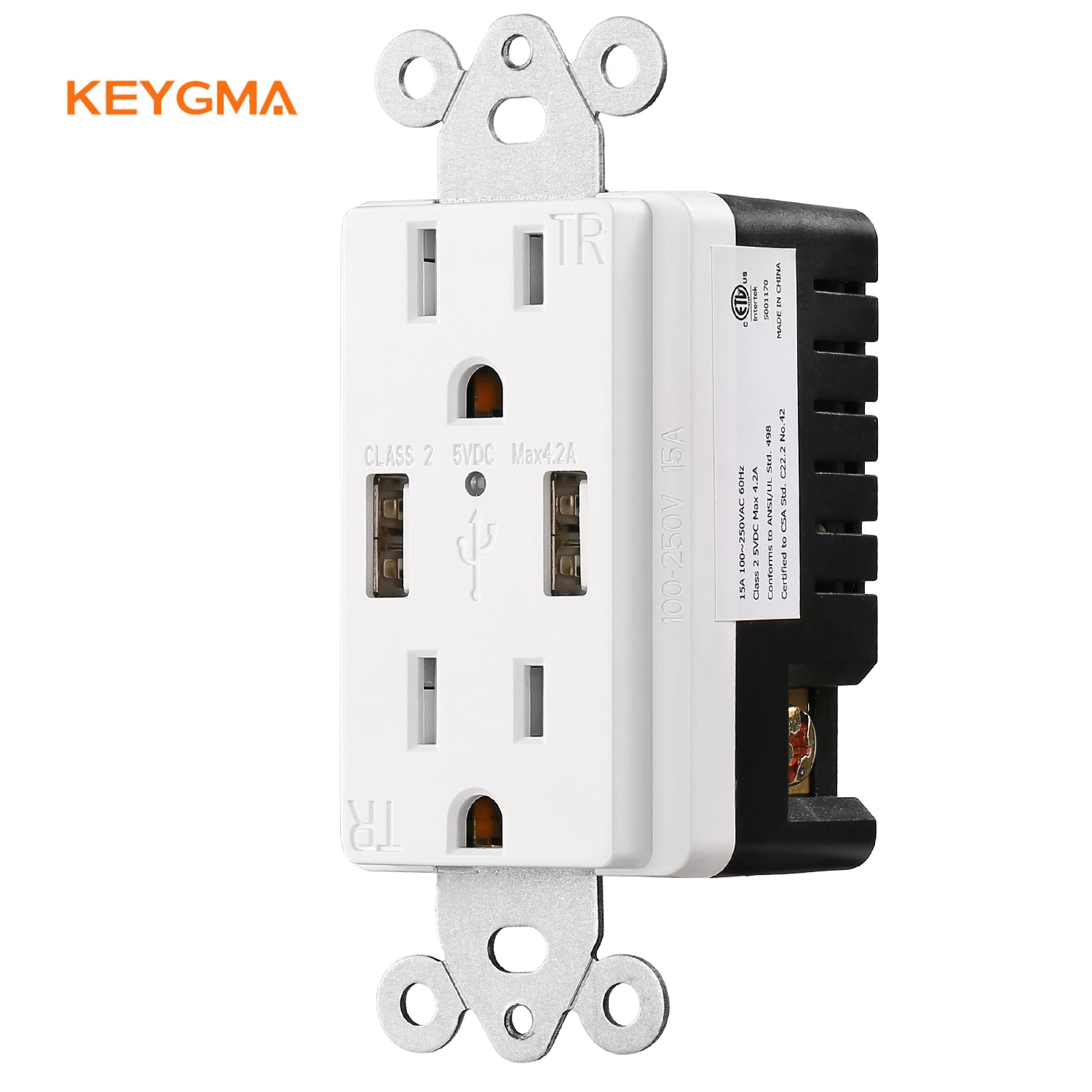 Hot Sale Passed ETL Shenzhen Factory Smart USB Socket Wall Outlet AC 125V 15A With USB 4.2A Port Fast Charge Plug Receptacle