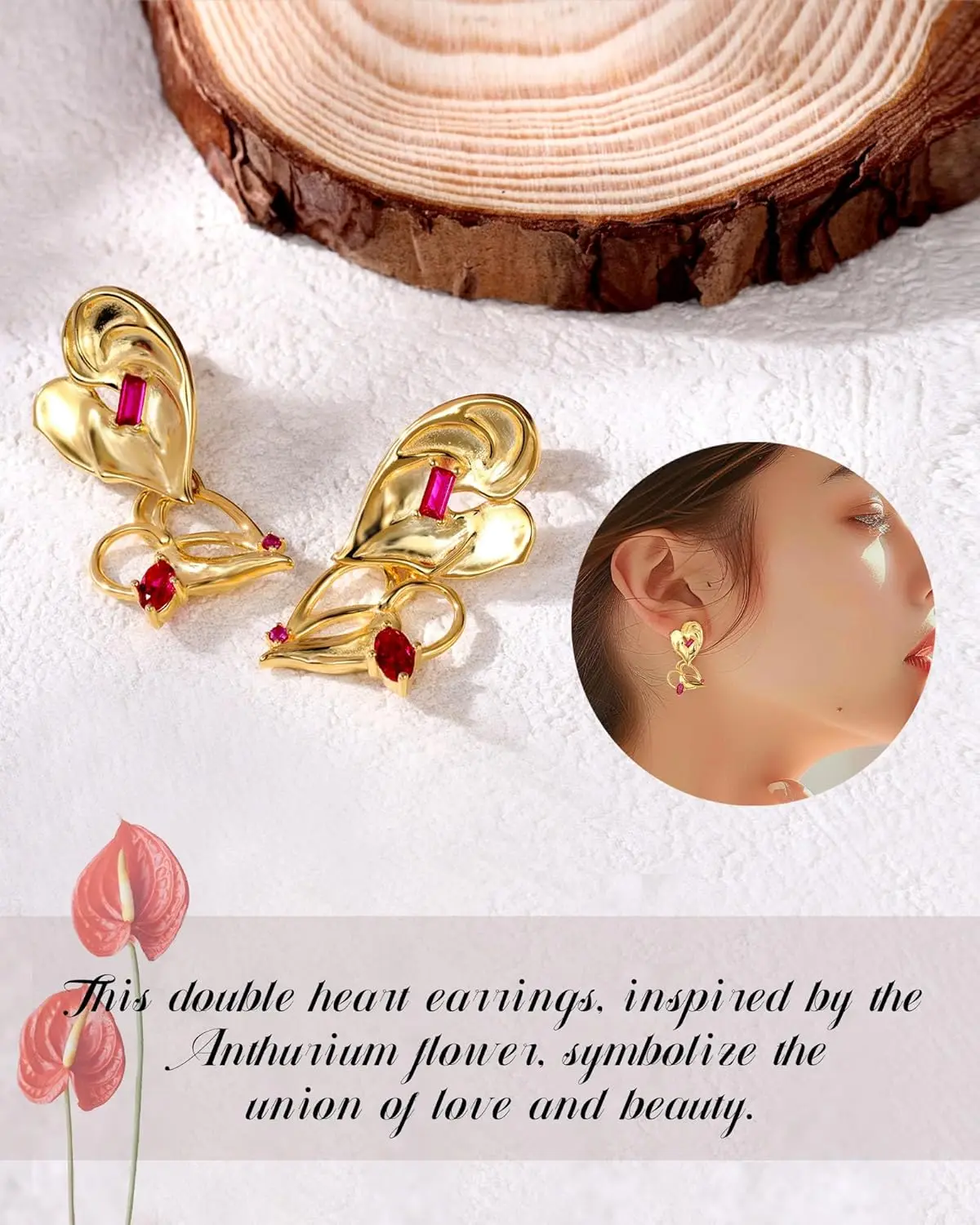 Gold Heart Anthurium-Flower Earrings 925 Sterling Silver Trendy Gold statement Earrings for Women