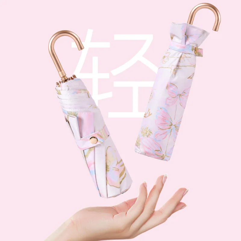 Japanese style folding umbrella with golden frame golden hook handle sun umbrella UPF 50+