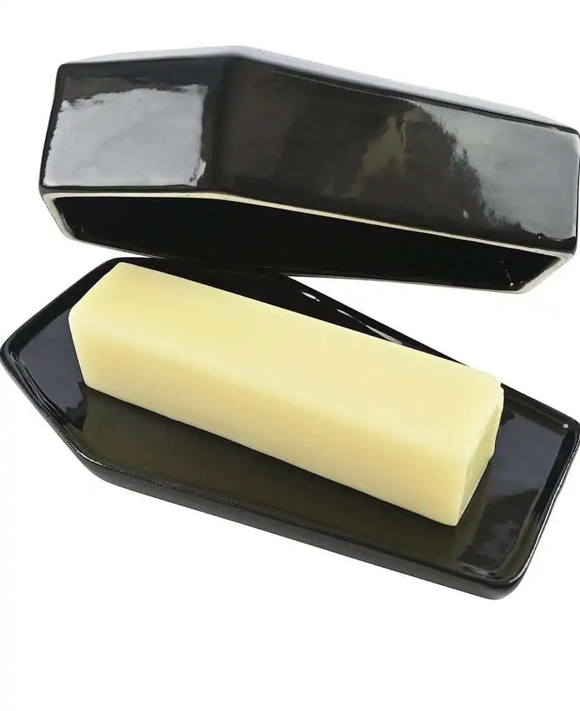 Bright black Gothic skull coffin ceramic butter dish