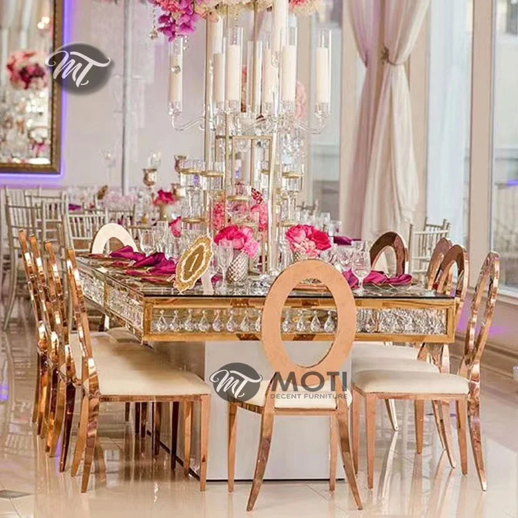 Modern gold wedding dining chairs and buffet tables with glass top