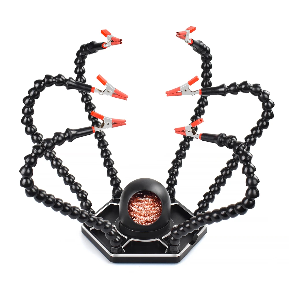 Soldering Third Hand Tool PCB Holder with Soldering Iron Tip Cleaner 6 Flexible Arms for Solder PCB IC SMD Welding Repair Tool