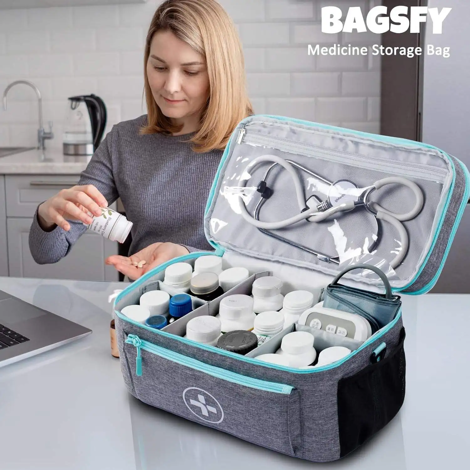 Polyester Medical Bag with Pocket and Medicine Bottle Holder Portable Emergency Survival Supplies Tools Trauma First Aid Kit