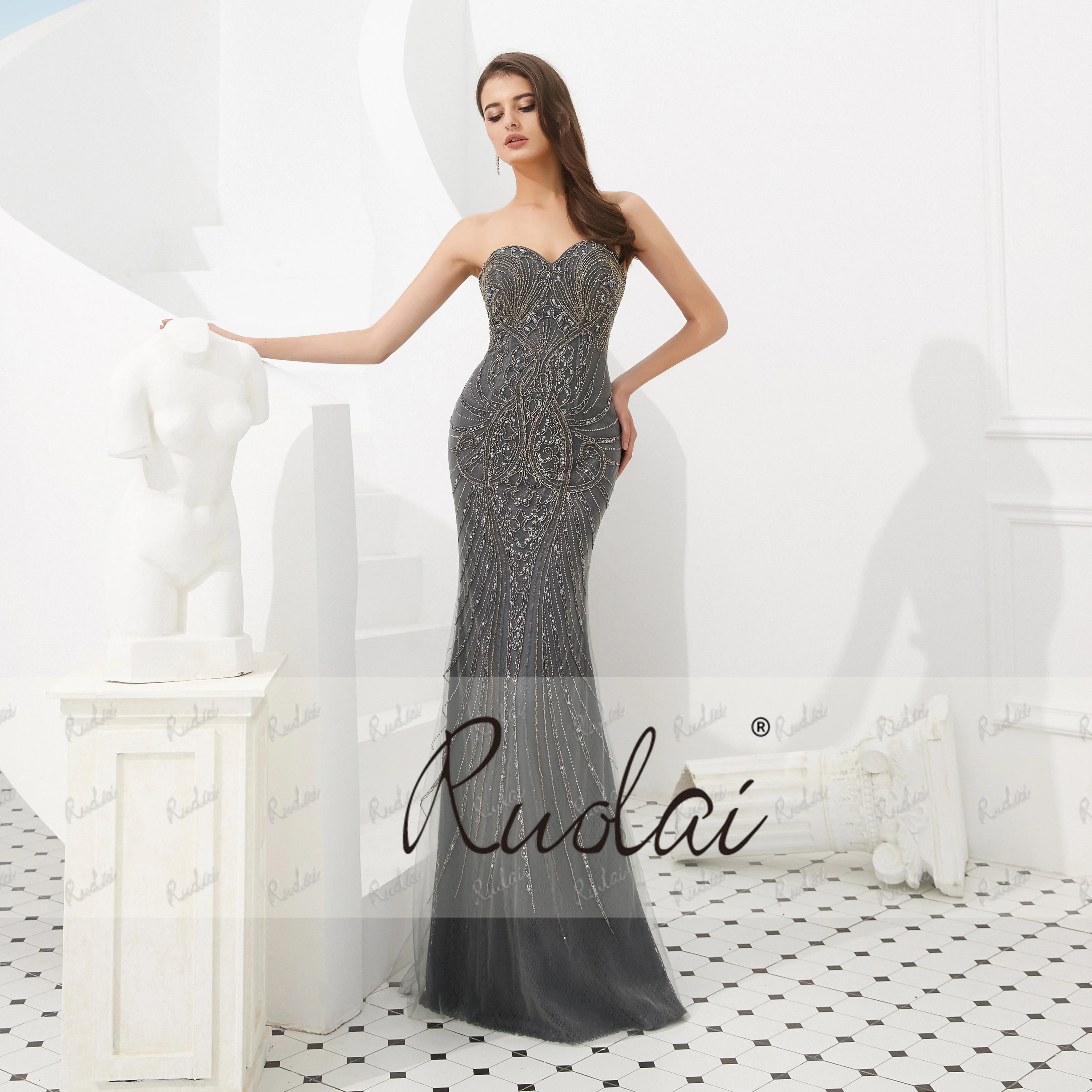 Ruolai LDC6710 New 2024  dark grey formal dress with Long Cloak Heavy Beading Luxury abendkleid Evening Dress