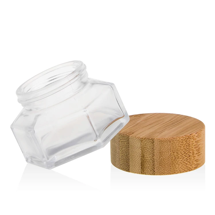 High quality Beauty cosmetic packaging 50g Clear Glass cylinder cream jar with bamboo cap