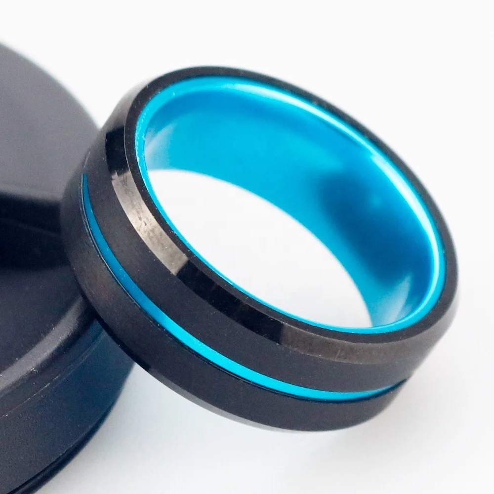POYA Black Tungsten Blue Anodized Aluminum Sleeve Inlay Ring 8mm Two Tones Men Wedding Band