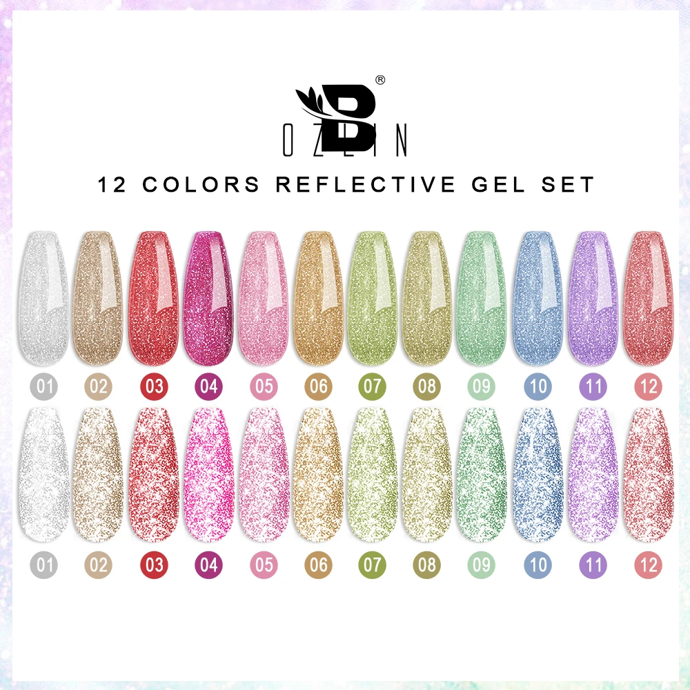 BOZLIN Free Sample 12 Colors Reflective Disco Gel OEM Manufacturer Diamond Glitter Disco Reflective Gel Nail Polish