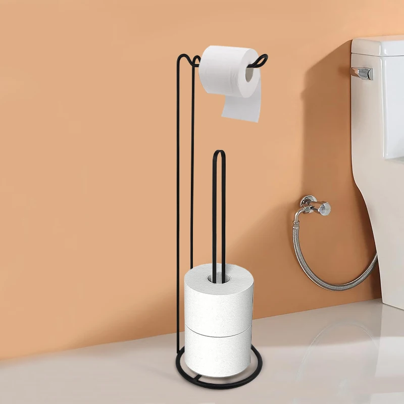 Bath Metal Iron Wire Free Standing Towel Dispenser Storage Rack Bathroom Black Stand Tissue Roll Toilet Paper Holder